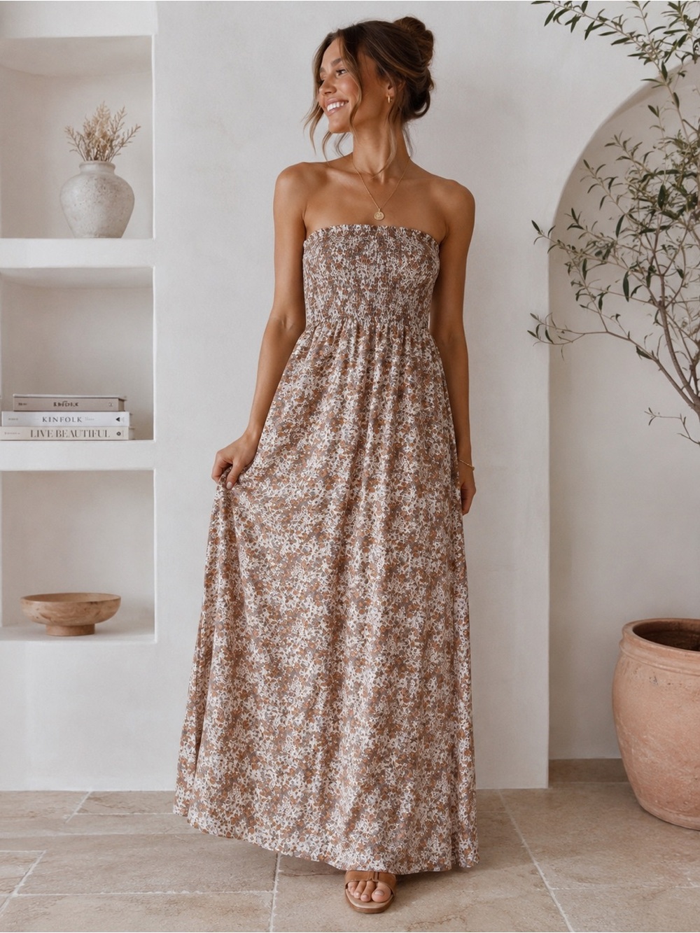 Melville Brown and Beige Floral Maxi Dress Size S #floraldress #boho